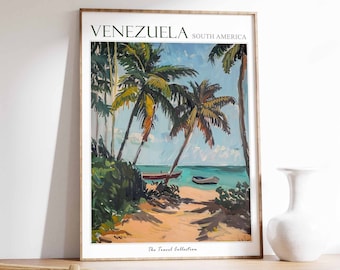 Venezuela Travel Poster: Tropical Beach, Botanical Wall Art