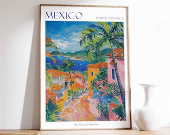 メキシコ旅行ポスター：熱帯植物の壁アート
