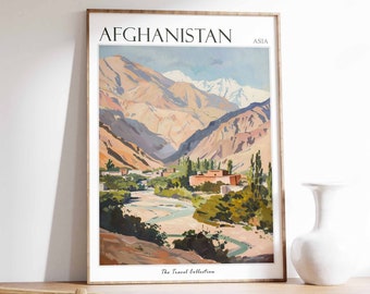May include: A vintage travel poster featuring a scenic landscape of mountains and a river in Afghanistan. The poster is titled "Afghanistan" with the word "Asia" in the top right corner. The poster is part of "The Travel Collection."