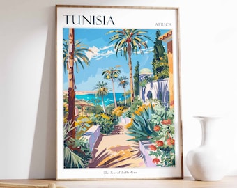 Poster di viaggio della Tunisia: stampa artistica botanica d'epoca