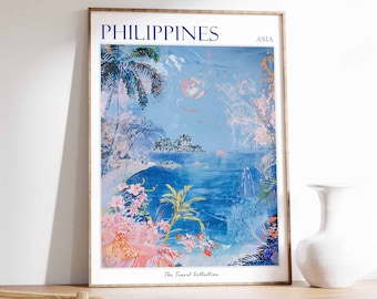 Philippines Travel Poster: Tropical Beach, Botanical Wall Art