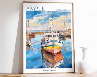Amble Poster, Amble Travel Print, Northumberland Poster, Amble Coast Art, Beach Art, Amble Gift, Coastal Decor, Seaside Art