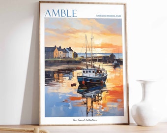 Amble Poster, Amble Travel Print, Northumberland Poster, Amble Coast Art, Beach Art, Amble Gift, Coastal Decor, Seaside Art