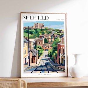 Poster Sheffield, impression voyage Sheffield, décoration tropicale, art mural ville, déco britannique, impression voyage Angleterre, cadeau Sheffield