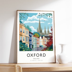 Oxford Travel Print, Oxford Travel Poster, British Travel Wall Art, Colourful Travel Art, Vintage Travel, Travel Gift