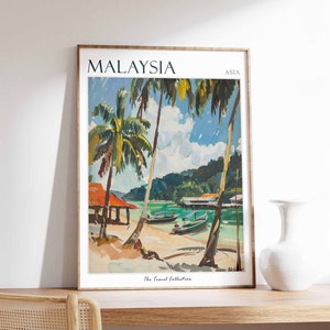Poster de voyage en Malaisie, impression de voyage en Malaisie, décoration tropicale, art mural botanique, affiche de voyage orientale, art asiatique, cadeau malaisien