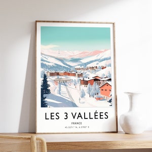 Skiën reizen poster, Les 3 Vallées Frankrijk ski print, skiën reizen print, skiën kunst aan de muur, skiën print, wintersport kunst, A1/A2/A3/A4