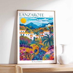 Lanzarote Poster, Lanzarote Reisedruck, Spanien Reiseplakat, Tropisches Dekor, Strandkunst, Reisegeschenk, Blumendruck, Küstendekor