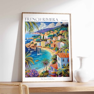 Póster de la Riviera Francesa, Impresión de viaje a la Riviera Francesa, Póster de viaje francés, Decoración tropical, Arte playero, Regalo de viaje, Estampado floral, Arte costero