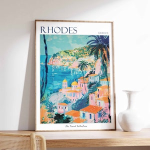 Poster di Rodi, stampa di viaggio di Rodi, poster di viaggio in Grecia, decorazioni tropicali, arte da spiaggia, regalo di viaggio, stampa floreale, decorazioni costiere