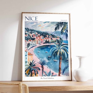 Schönes Poster, Nizza Frankreich-Reisedruck, Frankreich-Reiseplakat, Tropisches Dekor, Strandkunst, Reisegeschenk, Blumendruck, Küstendekor