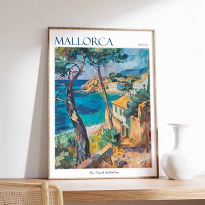 Affiche de Majorque, impression de voyage à Majorque, affiche de voyage en Espagne, décoration tropicale, art de plage, cadeau de voyage, imprimé floral, décoration côtière
