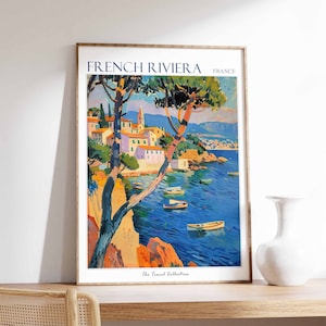 Póster de la Riviera Francesa, Impresión de viaje a la Riviera Francesa, Póster de viaje francés, Decoración tropical, Arte playero, Regalo de viaje, Estampado floral, Arte costero