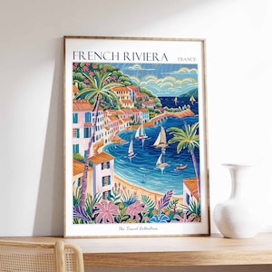 Póster de la Riviera Francesa, Impresión de viaje a la Riviera Francesa, Póster de viaje francés, Decoración tropical, Arte playero, Regalo de viaje, Estampado floral, Arte costero