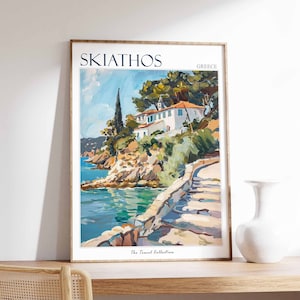 Póster de Skiathos, Impresión de viaje a Skiathos, Póster de viaje a Grecia, Decoración tropical, Arte playero, Regalo de viaje, Impresión floral, Decoración costera