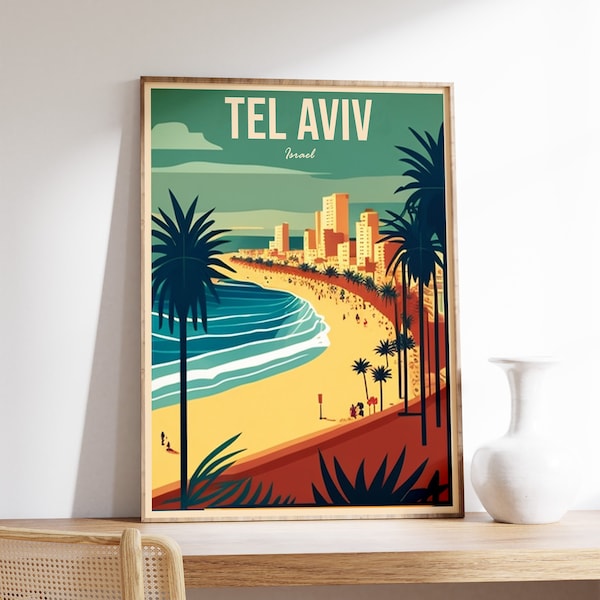 Tel Aviv Reisedruck, Tel Aviv Reiseposter, Israel Reisewandkunst, bunte Reisekunst, Vintage Reise, Reisegeschenk, A1/A2/A3/A4