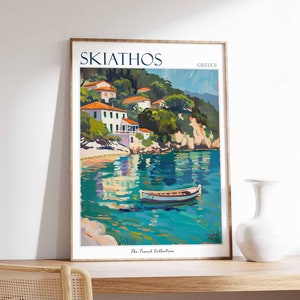 Poster di Skiathos, stampa di viaggio di Skiathos, poster di viaggio in Grecia, decorazioni tropicali, arte da spiaggia, regalo di viaggio, stampa floreale, decorazioni costiere