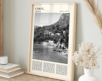 May include: A black and white photo print of a coastal town in Corfu, Greece. The print is framed in a light wood frame and has the text "CORFU GREECE 39.6347° N, 19.9317° E" printed at the top.
