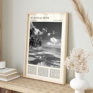 Reisposter St. Kitts en Nevis, reisposter St. Kitts en Nevis, Caribische reisposter, vintage reiskunst, zwart-wit, A1/A2/A3/A4