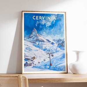 Skiing Travel Poster, Cervinia Ski Print, Italy Travel Print, Skiing Art, Skiing Print, Winter Sport Art, Ski Gift