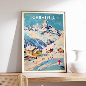 Skiing Travel Poster, Cervinia Ski Print, Italy Travel Print, Skiing Art, Skiing Print, Winter Sport Art, Ski Gift