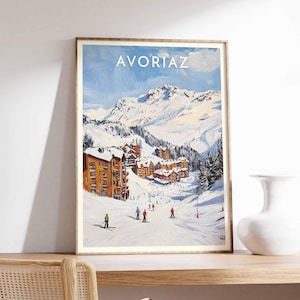 Skiing Travel Poster, Avoriaz Ski Print, French Alps Travel Print, Skiing Art, Skiing Print, Winter Sport Art, Ski Gift