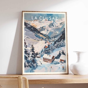 Skiing Travel Poster, La Clusaz Ski Print, France Travel Print, Skiing Art, Skiing Print, Winter Sport Art, Ski Gift