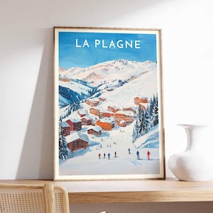 Skiing Travel Poster, La Plagne Ski Print, France Travel Print, Skiing Art, Skiing Print, Winter Sport Art, Ski Gift