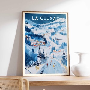 Skiing Travel Poster, La Clusaz Ski Print, France Travel Print, Skiing Art, Skiing Print, Winter Sport Art, Ski Gift