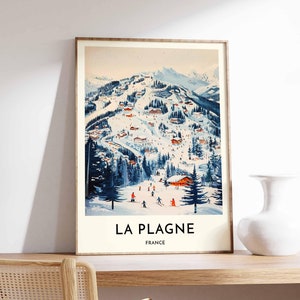 Skiing Travel Poster, La Plagne Ski Print, France Travel Print, Skiing Art, Skiing Print, Winter Sport Art, Ski Gift