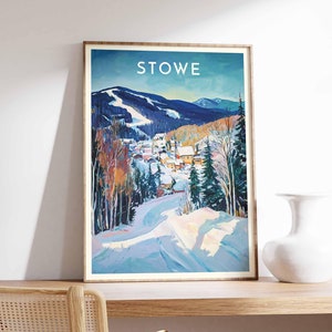 May include: A vintage-style poster with a blue and white illustration of a snowy mountain town with the word "STOWE" in white text at the top.