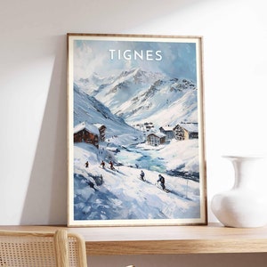 Skiing Travel Poster, Tignes Ski Print, France Travel Print, Skiing Art, Skiing Print, Winter Sport Art, Ski Gift