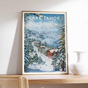 Skiing Travel Poster, Lake Tahoe Ski Print, California Travel Print, Skiing Art, Skiing Print, Winter Sport Art, Ski Travel Gift