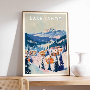 Skiing Travel Poster, Lake Tahoe Ski Print, California Travel Print, Skiing Art, Skiing Print, Winter Sport Art, Ski Travel Gift