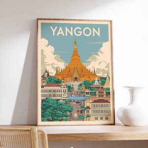 Yangon Print, Southeast Asia Poster, Myanmar Travel Poster, Travel Wall Decor, Retro Travel Art, Southeast Asia Travel Gift, Landscape Print