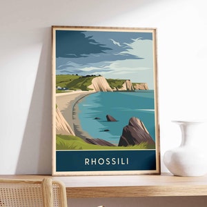 Rhosilli Print, Coastal Travel Poster, Wales Travel Print, Coastal Wall Art, Seaside Art, Coastal Gift, UK Coast Art, Beach Decor