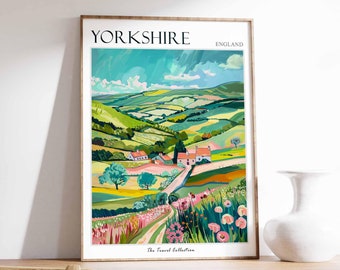 May include: A colorful illustration of a rural landscape in Yorkshire, England. The image features rolling green hills, a winding road, and a cluster of houses with red roofs. The text "Yorkshire, England" and "The Travel Collection" are visible at the top and bottom of the image.