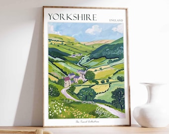 May include: A colorful illustration of a green valley with a winding road leading to a small village. The text "YORKSHIRE ENGLAND" is at the top of the image, and "The Travel Collection" is at the bottom.