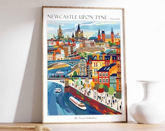May include: A colorful illustration of the Newcastle upon Tyne skyline, featuring a river, bridges, and buildings. The text "NEWCASTLE UPON TYNE ENGLAND" is at the top of the image, and "The Travel Collection" is at the bottom.