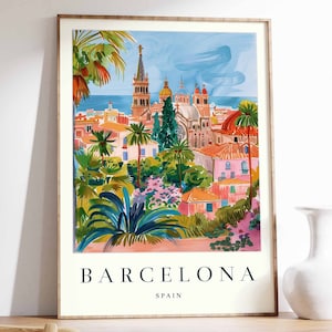 Poster Barcelone, impression voyage Barcelone, art mural Espagne, impression voyage espagnol, décoration tropicale, impression botanique, cadeau Espagne