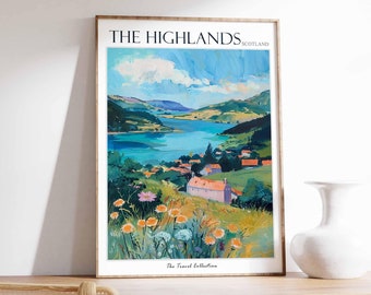 Póster de viaje a las Tierras Altas de Escocia: Impresión artística de paisajes escoceses
