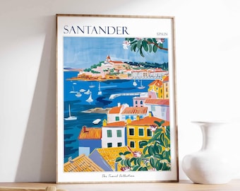 May include: A vintage travel poster featuring a colorful illustration of Santander, Spain. The poster depicts a seaside town with buildings, boats, and a blue sky with white clouds. The text "Santander, Spain" is at the top of the poster, and "The Travel Collection" is at the bottom.