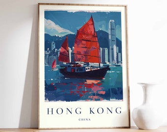 Hong Kong Poster, Hong Kong Travel Print, China Wall Art, Hong Kong Travel Print, Tropical Decor, Sea Print, Hong Kong Gift