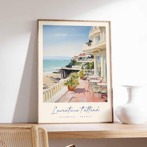 Póster de Biarritz, impresión de viaje a Francia, póster de ciudad costera, arte con vistas al océano Atlántico, decoración de un pueblo surfero, arte vasco francés, regalo de viaje a Francia