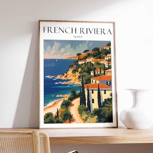 Póster de la Riviera Francesa, Impresión de viaje a la Riviera Francesa, Póster de viaje francés, Decoración tropical, Arte playero, Regalo de viaje, Estampado floral, Arte costero