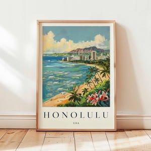 Honolulu Travel Poster: Waikiki Beach, Oahu Hawaii Print