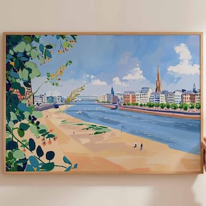 Pôster de Düsseldorf, impressão de viagem pela Alemanha, arte de parede de cidade alemã, decoração do Rio Reno, arte de viagem de Düsseldorf, impressão de paisagem urbana europeia