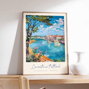 Póster de La Rochelle, impresión de viaje a Francia, impresión de ciudad portuaria, decoración de pueblo costero, arte con vista al mar, póster de ciudad marítima, regalo de viaje a Francia