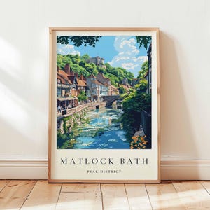 Matlock Bath Poster, Derbyshire Print, Peak District Area Wall Art, UK Travel Decor, Victorian Village Art, English Riverside Print