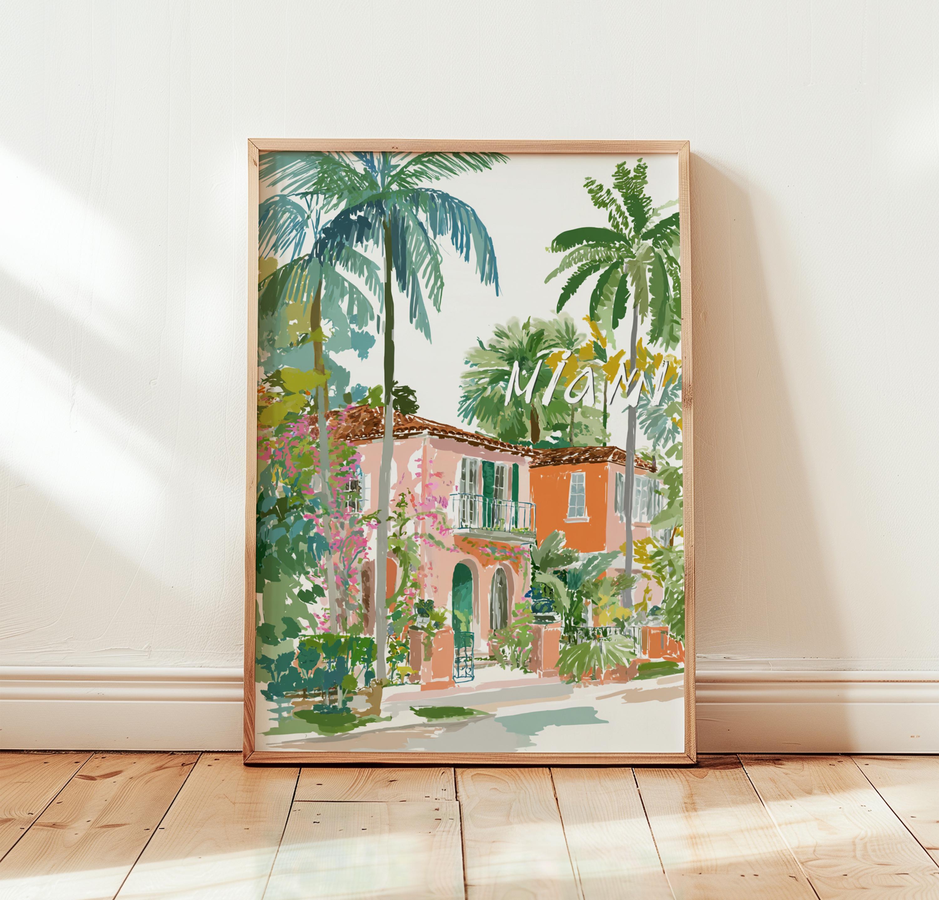 Miami Tree Posters Examples Miami Tropical Skyline Poster | Palm Trees and High Rise Buildings ...